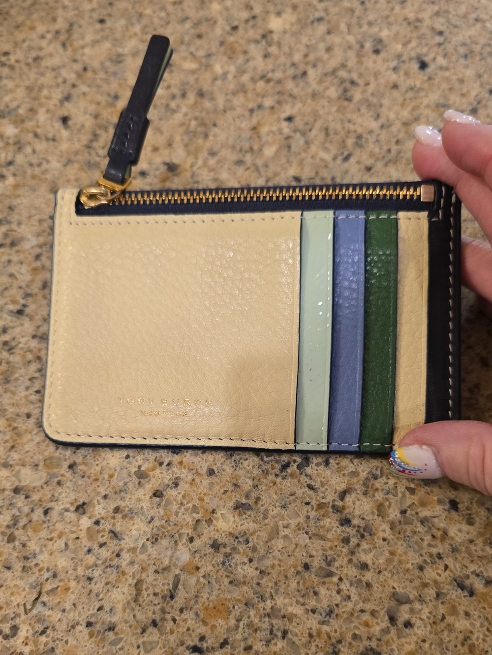 Tory Burch Cream Leather Card Holder with Green & Blue Stripe Slots